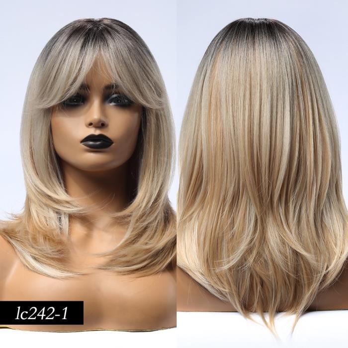 16 pouces cheveux blonds platine synthétique longue vague naturelle Ombre brun couleur mélangée perruques de fête - Type lc242-1
