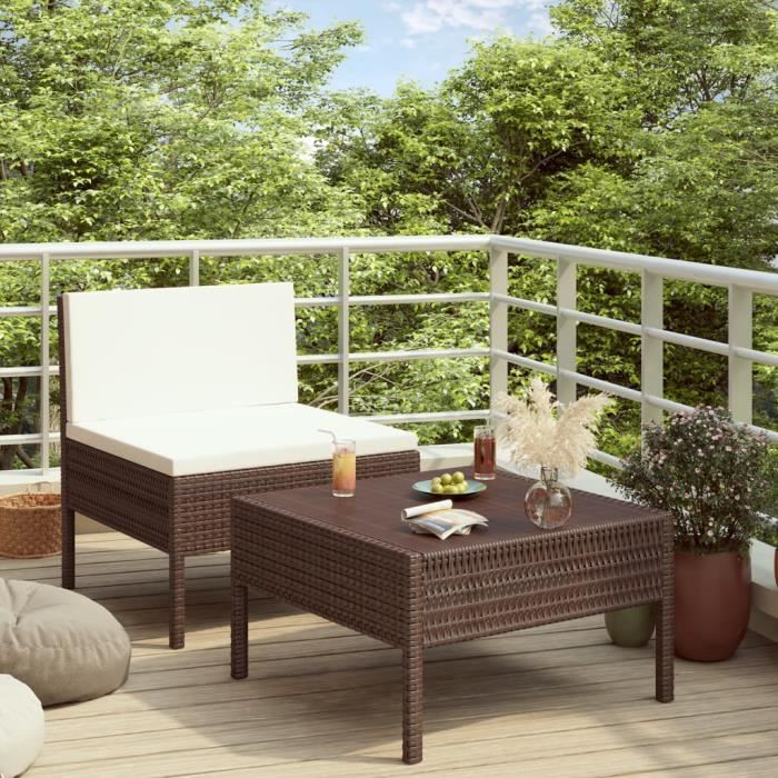Lot de 2 Mobilier de jardin Meuble de jardin - Salon Bas De Jardin avec coussins Résine tressée Marron Excellent @398110