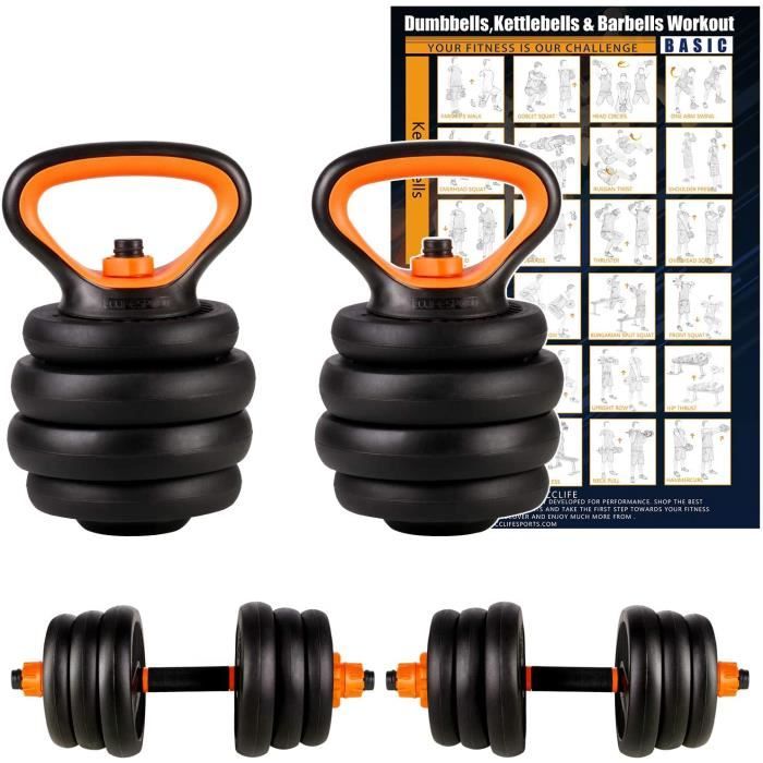 CCLIFE Kit Kettlebell & Haltère Barbell Set Poids de 2x10KG,2x12,5KG,2x20KG