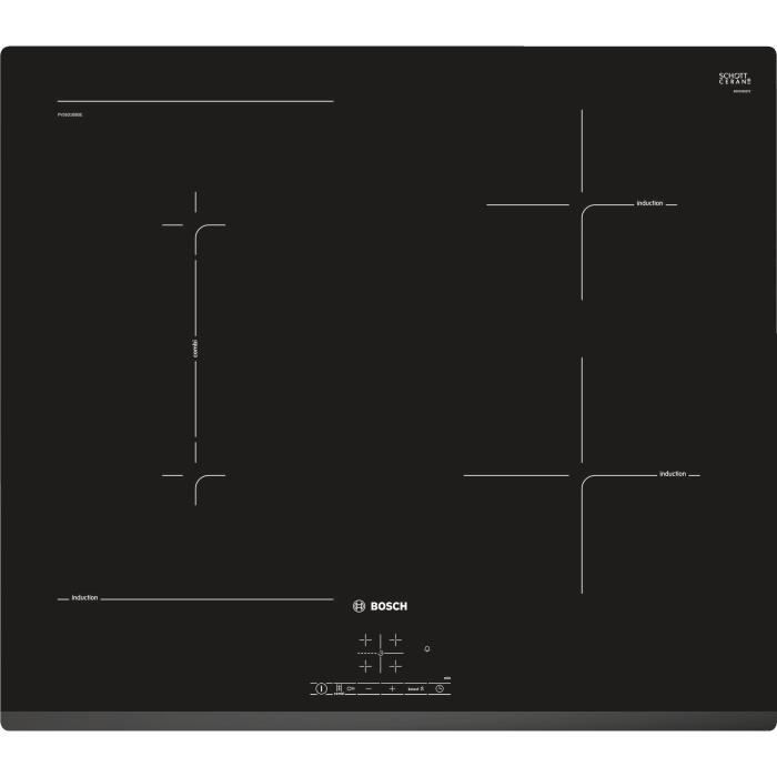 Table induction BOSCH - Affichage digital - Commande TouchSelect (+/-) - Devant biseauté - 4 foyers - 60 cm - PVS631BB5E