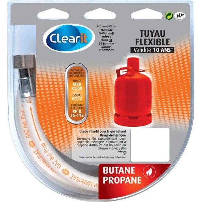 Tuyau flexible pour gaz Butane avec armature et embouts mécaniques à visser - 2 m