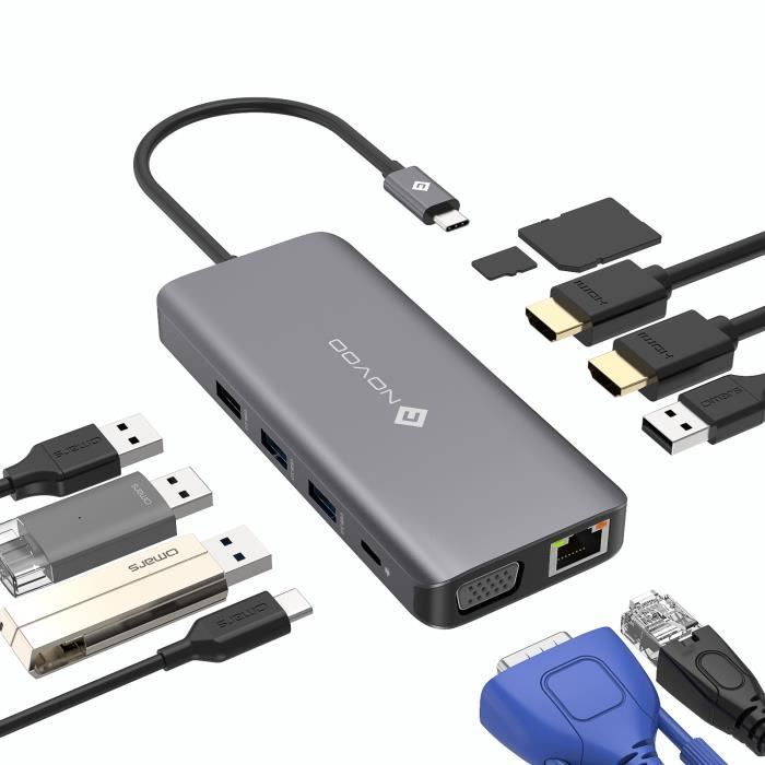 NOVOO Adaptateur USB C Hub 11-en-1,Triple Affichage(Dual HDMI 4K&VGA),RJ45 1Gbps, 4xUSB,Lecteur de Carte SD/Micro SD,Type C 100W PD