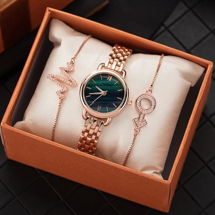 Coffret montre femme + bracelet - diamant cadran malachite bracelet en acier étanche grâce tempérament vert doré