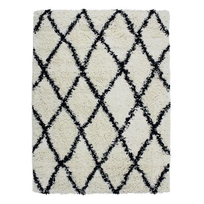 Tapis de salon et chambre au toucher laineux ethnique écru et noir 120x160 ETHNIC BERBERE ASM