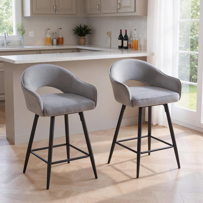 Wahson Tabouret Bar Lot de 2 Tabouret de Bar Pivotant Chaise Haute Bar avec Repose-Pieds Métal pour îlot de Cuisine Velours Gris