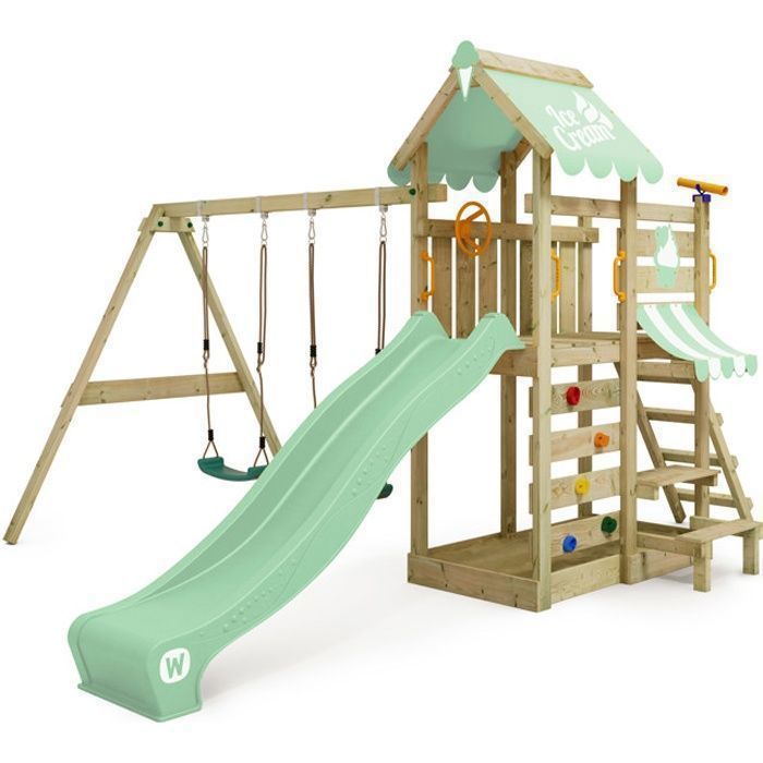 Aire de jeux bois WICKEY RocketFlyer avec double balançoire, toboggan 220 cm vert pastel et module d’escalade – 10 ans de garantie Aire de jeux bois WICKEY RocketFlyer avec double balançoire, toboggan 220 cm vert pastel et module d’escalade – 10 ans de garantie