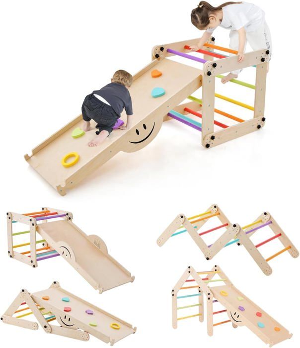 Toboggan Enfant - GOPLUS - 7 en 1 Triangle Escalade Montessori en Bois avec Rampe descalade Réversible pour 1 an+ Charge 60KG