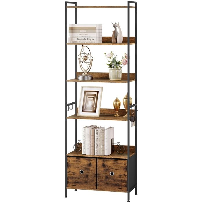 Bibliothèque WOLTU - Meuble Étagère 5 Niveaux avec 2 Tiroirs - 63x30x187cm - Marron Rustique+Noir W0ITT5085