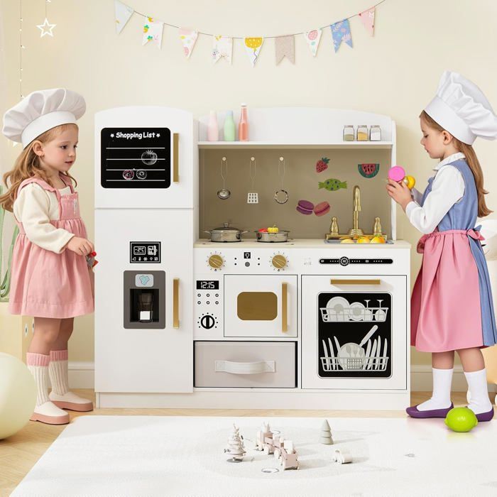 COSTWAY Cuisine D'angle Enfant En Bois – 21 Accessoires, Réfrigérateur, Micro-ondes, Cafetière, Tableau Noir, Dès 3 Ans