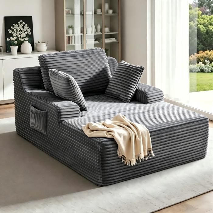 Chaise Longue Moderne Sans AssemblageMéridienne en Velours Côtelé avec CoussinsCanapé Relax avec Soutien LombaireGris