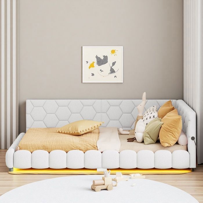 Lit double 140x200 cm - Canapé-li - LED intégrée USB - Mousse haute densité 6cm - Rangement sous lit