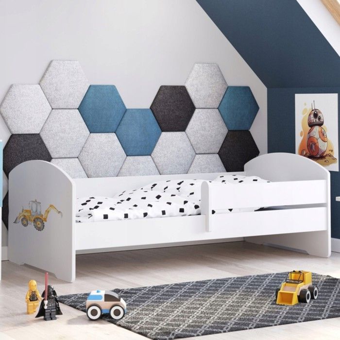 Lit enfant blanc LUK– 160x80  avec barrière et motif pelleteuse