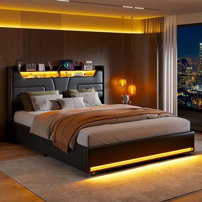 160 x 200 lit coffre avec LED et ports USB lit hydraulique avec étagères ouvertes lit 2 personnes avec lattes en bois noir