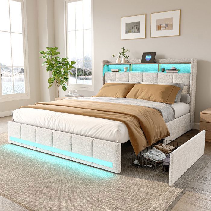 Lit adulte - 231205TT - 160x200 cm - LED & USB intégrés - Tiroirs de rangement