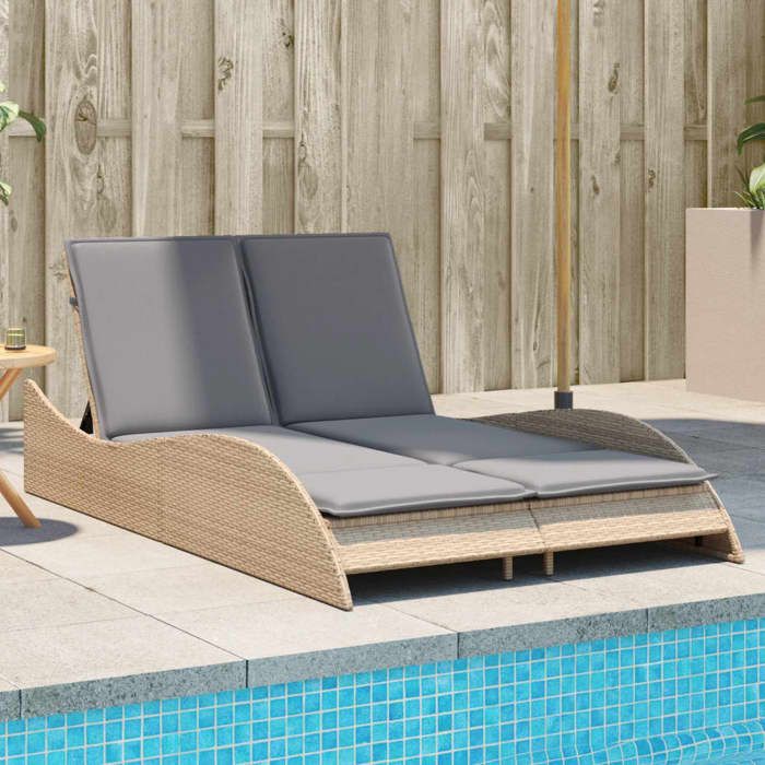 90501& Bains de soleil avec coussins beige 114x205x73 cm résine tressée - L114 x P205 x H73 cm - tissu 100 % polyester