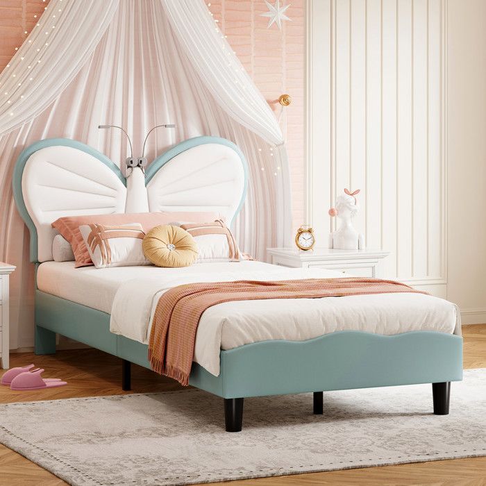 Lit fille 90 x 200 avec sommier ilt enfant avec lampe de lecture LED flexible sommier à lattes en bois lit bleu en velours
