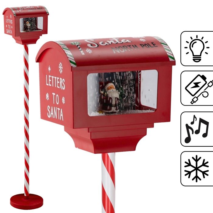 Boîte Aux Lettres Décorative De Noël Avec Père Noël - 150 Cm De Haut - LED, Effet Neige, Boîte à Musique - Alimentation USB/piles