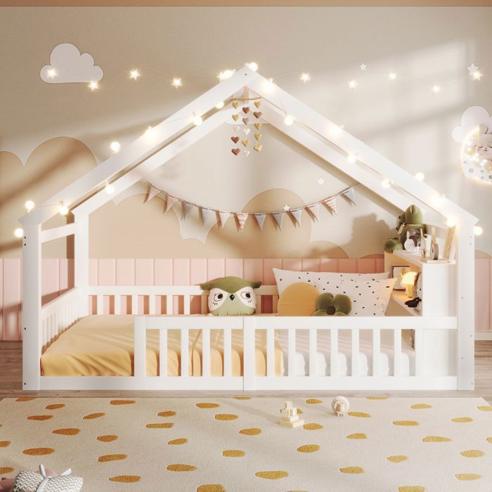 Lit enfant 140 x 190 cm - Avec barrières de sécurité - Pin - Blanc (matelas non inclus) Lit enfant 140 x 190 cm - Avec barrières de sécurité - Pin - Blanc (matelas non inclus)