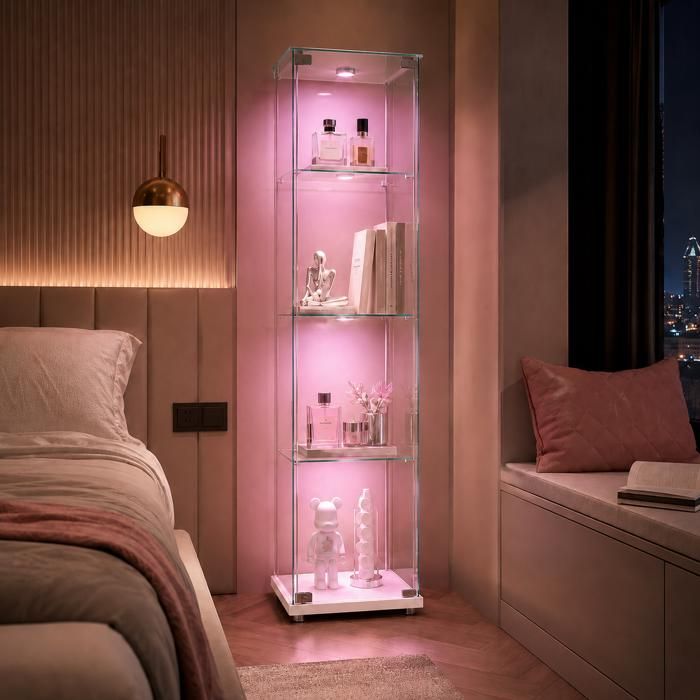 Vitrine en verre trempé blancmeuble de collection transparent avec 1 porte et 4 niveaux et lampe toucher，pour salle à mangersalon