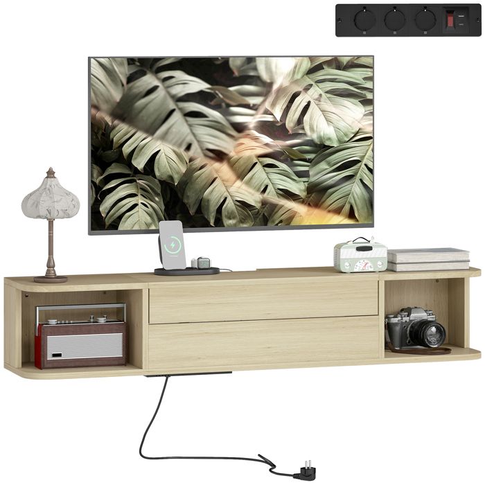 Meuble TV suspendu - HOMCOM - pour téléviseur jusquà 50 pouces - tiroir étagères passe-câbles - effet bois naturel