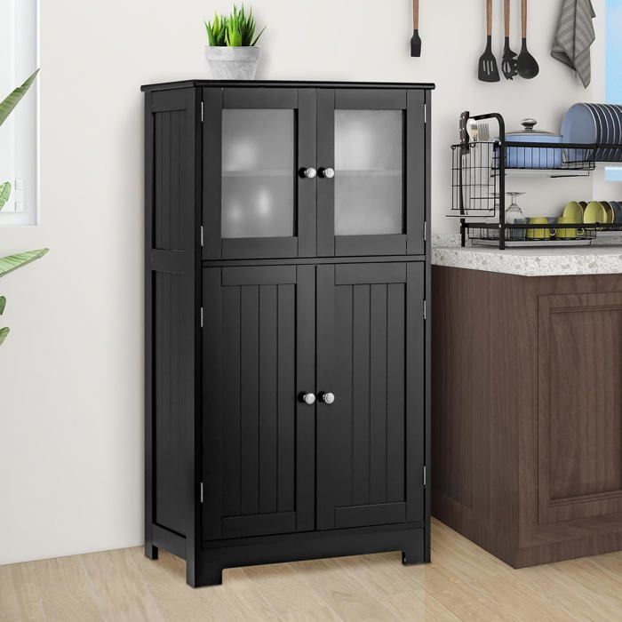 GIANTEX Meuble Colonne de Salle de Bain à 4 Portes Étagère Réglable Buffet Armoire Haute pour Cuisine Salon 60x30x109cm Noir