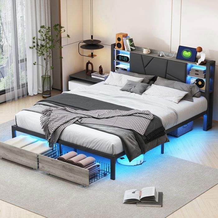 Lit 140x200 cm - ADWOLT - 2 tiroirs - LED et USB - cadre de lit double 140x200 cm - Noir - PU