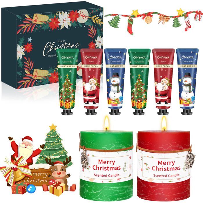 Coffret Cadeau Femme – 6 Crèmes Mains + 2 Bougies Parfumées (idéal Noël, Anniversaire)