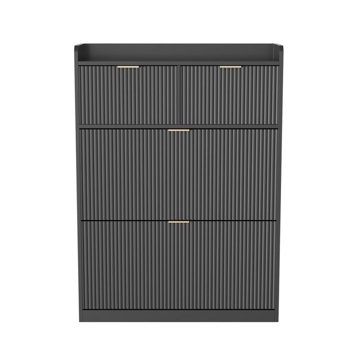 Meuble à Chaussures Noir 80x24x110 cm Armoire à 2 Abattants 2 Tiroirs Étagère à Motif Lignes Rangement Pratique