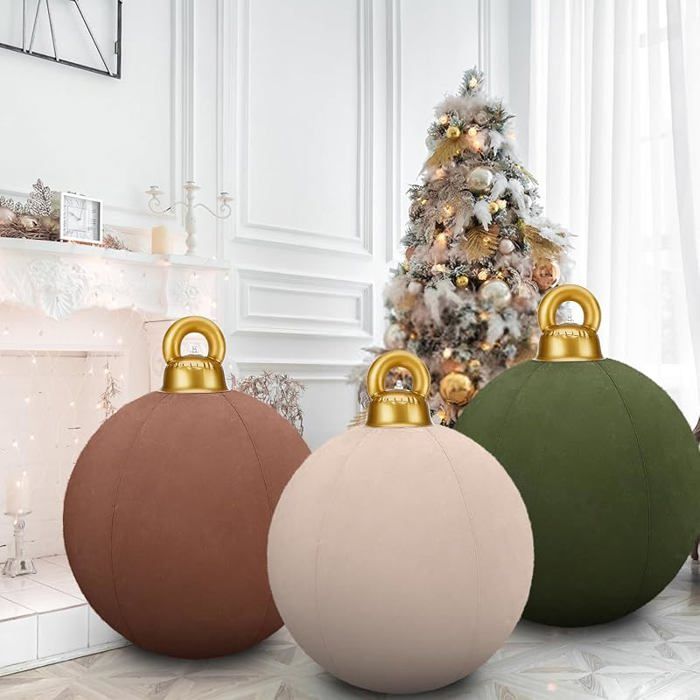 Boule De Noël Géante Gonflable En Velours 60 Cm - Décoration De Jardin, Cour, Porte - Couleur Vert, Texture Floquée