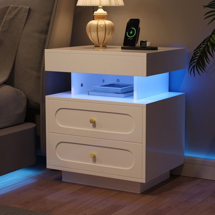Table de chevet blanche LED 2 tiroirs rangement 50x40x60cm - Commode nuit lumineuse design moderne fonctionnelle Table de chevet blanche LED 2 tiroirs rangement 50x40x60cm - Commode nuit lumineuse design moderne fonctionnelle