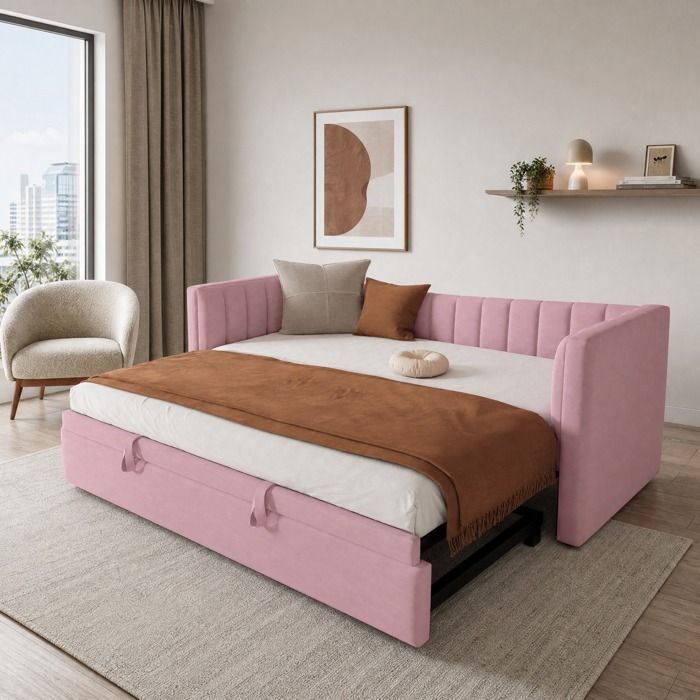 Lit de jour gigogne 90 x 200 cm en velours rose canapé-lit avec sommier à lattes sans matelas