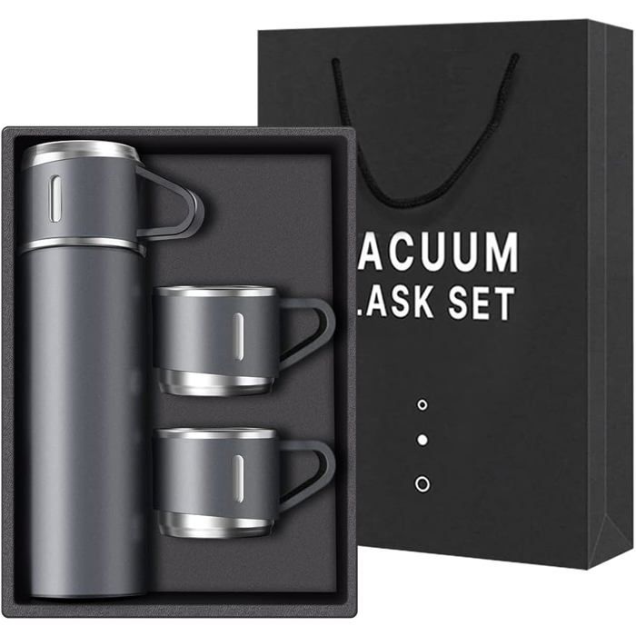 Bouteille isotherme à café en acier inoxydable avec tasse pour boissons chaudes et froides 500 ml (Gris trois tasses)