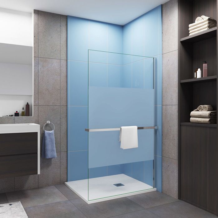 Paroi douche italienne 100x200 cm verre 8mm anticalcaire bande dépoli + Étagère de Douche alu chromé 100 cm