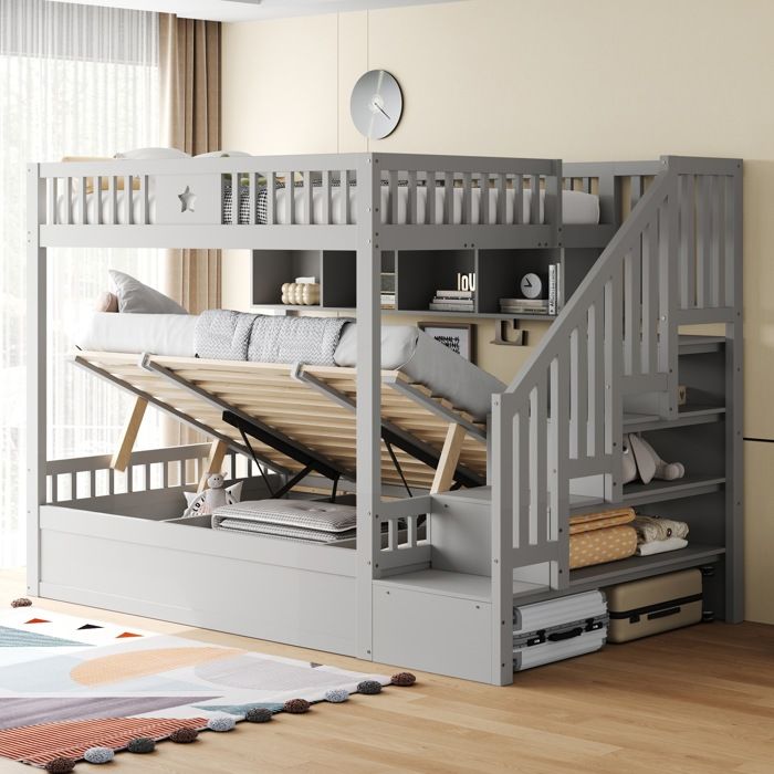 Lit superposé 140x200 cm lit en bois rangement hydraulique sous le lit escalier étagères lit mezzanine lit enfant gris