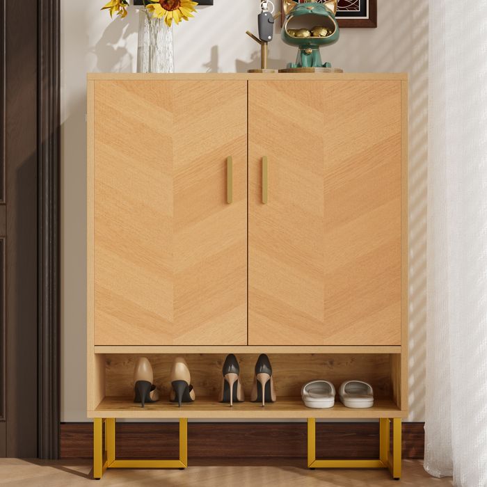 Meuble à chaussures - Meuble à chaussures - 2 portes - 4 étagères - Aspect bois beige