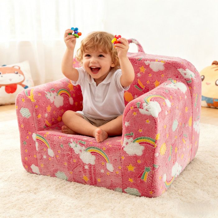 Canapé pour enfant BELLEMAVE - avec accoudoirs poignée de transport et poches latérales design arc-en-ciel rose