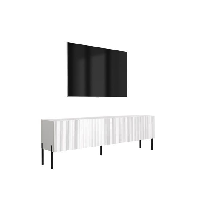 Meuble TV sur pied - 170 cm - Façades rainurées - Blanc mat - Pieds droits noirs