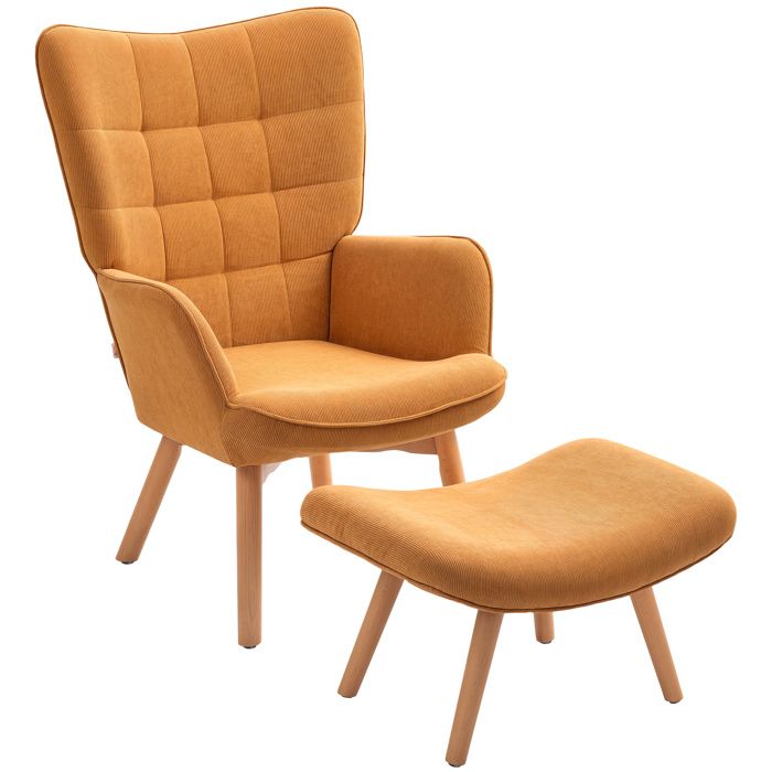 Fauteuil à oreilles avec repose-pieds - Design capitonné - Aspect velours côtelé - Marron - 72x80x101 cm