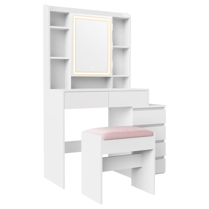 Coiffeuse avec Tabouret Miroir LED 3 Luminosités Réglables Tiroirs Compartiments Ouverts Blanc