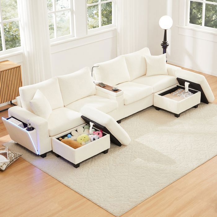 LUSCRIATE Canapé en U en velours côtelé avec 2 tabourets lampe de lecture étagère pliante porte-gobelet et USB/Type-C gris