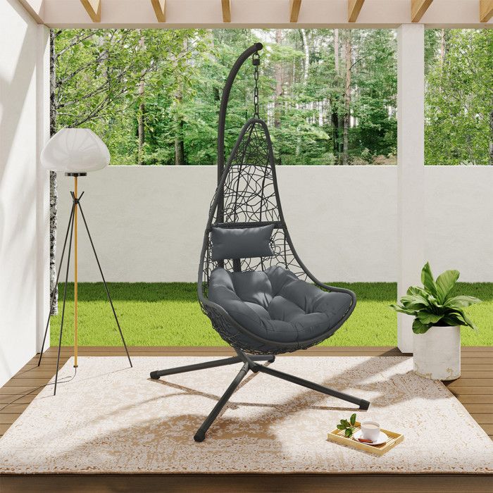 IDMARKET Fauteuil demi-lune suspendu ajouré effet rotin gris avec coussin gris