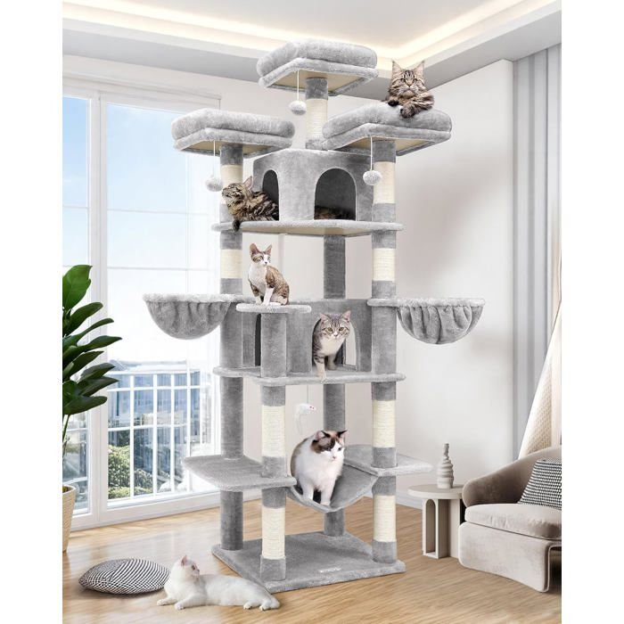 Meilleurs prix pour Arbre à chat XXL - LEVYS - 204 cm - 3 perchoirs rembourrés - 2 niches - 2 paniers - Hamac - Gris clair - Montage au sol