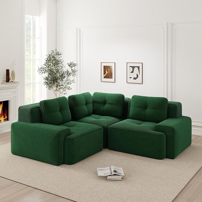 Canapé salon vert tissu cordé profond rembourré confortable modulaire bureau sans structure antidérapant