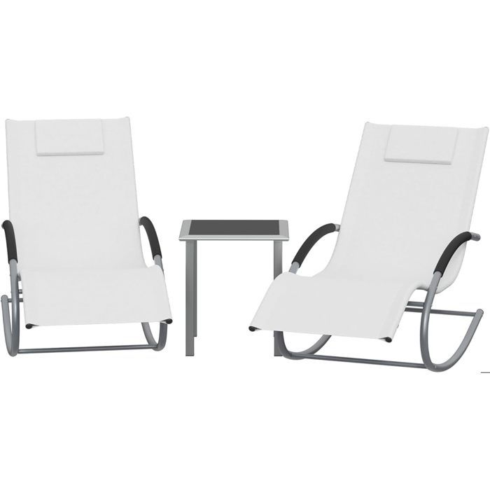 3PCS -Chaise longue - Transat pliable-Bain de Soleil Jardin-avec fonction balancelle appuie-tête amovible-BLANC