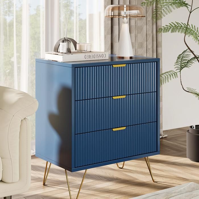Coiffeuse Bois 3 Tiroirs Bleu avec Étagères pour Chambre