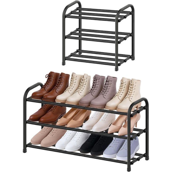 Meuble à Chaussure Entrée Étroit Extensible 3 Niveaux Rangement Porte Étagère à Chaussure Métal pour Armoires Chambres à Coucher