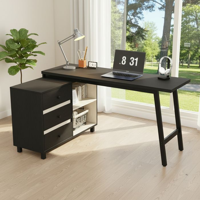 Bureau en L avec trois tiroirs deux étagères ouvertes et des pieds en acier tubulaire noir et blanc