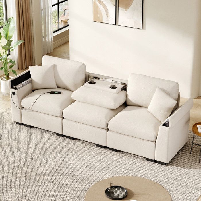 Canapé 3 places avec coussins et table pliante port USB Canapé moderne avec porte-gobelet et espace de rangement Chenille Beige
