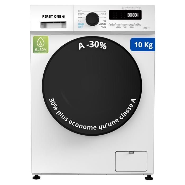 Lave-linge frontal FIRST ONE FLL101400WH - 10 Kg - 1400 tr/mn - 16 programmes - Eco - Intensif -  Rapide – Très Faible conso - First one