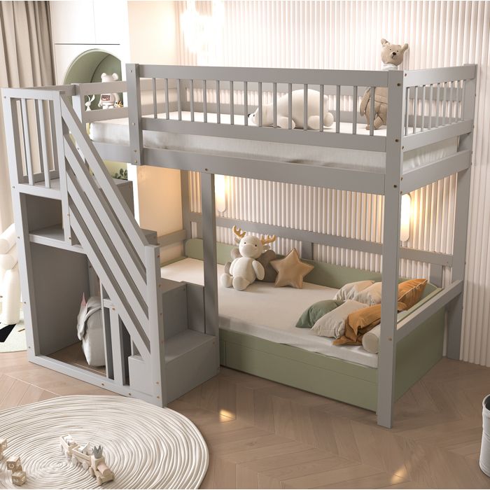 Lit mezzanine enfant 1 place 90×200 cm avec escalier de rangement et barrières hautes sans matelas Gris - UVRION